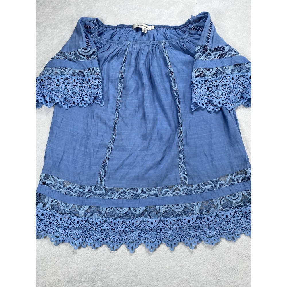 Lynn Ryan Boho Lace Top Large Blue Off Shoulder Crochet Trim Peasant Festival